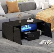 Czarny stolik kawowy na wysoki połysk z 2 drzwiami, 1 szufladą i oświetleniem LED – Do salonu