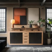 Komoda Czterodrzwiowa z Szufladami BLAGO 190 cm Dąb Artisan/Czarny Nowoczesna Loft