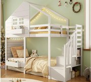 Łóżko na antresoli dziecięce 90x200cm - z drabiną z pojemnikami - z oknem - Drewno lite + MDF - Biały (bez materaca)