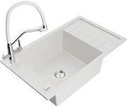 Mexen Elias zlewozmywak granitowy 1-komorowy z ociekaczem i baterią kuchenną Duo, biały - 6511-20-671701-02