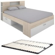 Łóżko ze skrzynią i szufladami - 140 x 190 cm - Kolor: Naturalny i biały + Stelaż - LEANDRE