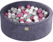 Okrągły Suchy Basen Z Piłeczkami 7cm Dla Dziecka, 90x30cm/200 Piłek, Welurowy, Szaroniebieski, Piłki: Białe, Szare, Jasnoróżowe - Meowbaby®