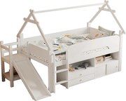 Łóżko domkowe dziecięce 90x200 cm - ze zjeżdżalnią bezpieczeństwa - z 2 szufladami - z barierkami bezpieczeństwa - Biały​ (materac nie jest wliczony w cenę)