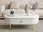 Nowoczesny stolik kawowy - 2 szuflady z uchwytami i złotymi nogami - MDF - Biały