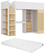 Łóżko na antresoli 90 x 190 cm z biurkiem i drążkiem - Biały i naturalny + Materac - LORINTI