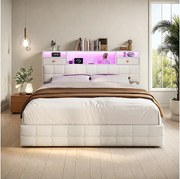 Tapicerowane łóżko z pojemnikiem - 160 x 200 cm - Port ładowania USB typu C - 4 szuflady - Aksamit - Beżowy