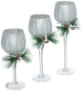 Szklany świecznik ze świąteczną gałązką, 3 sztuki