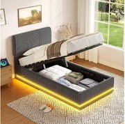 Łóżko tapicerowane hydrauliczne ze schowkiem - 90 x 200 cm - z diodami LED + USB + regulowany zagłówek - welur - szary