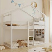 Łóżko piętrowe dla dzieci - 2 x 90 x 200 cm - w kształcie domku - z szufladami + półka - drewno - białe