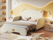 Łóżko wysuwane 140 x 200 cm z zagłówkiem w kształcie misia, aksamitne, stelaż z listew w zestawie, beżowe