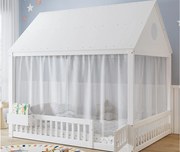 Łóżko dziecięce 140x200 cm - z dekoracyjnymi białymi zasłonami - z 1 drzwiami i przegródką do przechowywania - biały​ (bez materaca)