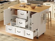 Mobilna wyspa kuchenna - Rozkładany blat - 140x73x93 cm - 3 szuflady i 2 drzwi - otwarte półki - z wieszakiem na ręczniki - MDF - Biały
