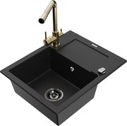 Mexen Enzo zlewozmywak granitowy 1-komorowy z ociekaczem i baterią kuchenną Duero, czarny - 6506-77-671600-50-B