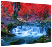 Obraz wodospadu w czerwonym lesie (70x50 cm)
