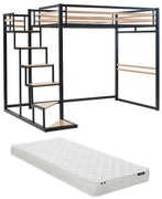 Łóżko antresola 140 × 200 cm – metal i MDF – kolor czarny i naturalny – z materacem w zestawie – JOGUI