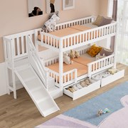 Łóżko piętrowe 2 x 90 x 200 cm z 2 szufladami i wysuwaną półką - lite drewno - białe