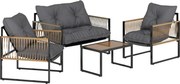 Outsunny Zestaw mebli ogrodowych, 4-elementowy, Sofa, 2 Krzesła, Stolik z blatem szklanym, Konstrukcja metalowa, Polyrattan, Antracyt