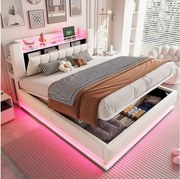 Łóżko dziecięce z pojemnikiem - 180 x 200 cm - z diodami LED + USB + zagłówek ze schowkiem - rama metalowa - MDF - beżowe