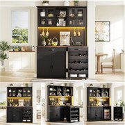 Wysoka komoda kuchenna - 140 x 38 x 180 cm - z szufladą + drzwi + oświetlenie LED + wózek na kółkach - MDF - czarna