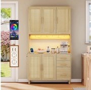 Komoda kuchenna z diodami LED - 100 x 40 x 183 cm - z USB + gniazdkami + regulowane półki + 3 szuflady - MDF - naturalny