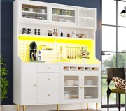 Kredens kuchenny 145x39x171 cm - z oświetleniem LED - 4 drzwi szklane - 3 szuflady - z panelem perforowanym - biały