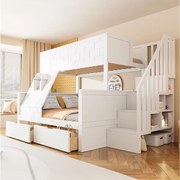 Łóżko piętrowe dla dzieci - 90 x 200 cm + 140 x 200 cm - z drabinką + szufladami + okienkiem - drewno - białe