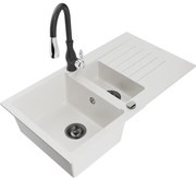 Mexen Matias zlewozmywak granitowy 1,5-komorowy z ociekaczem i baterią kuchenną Savita, biały - 6502-20-672601-70