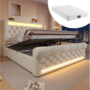 Łóżko tapicerowane ze schowkiem - 140 x 200 cm - z diodami LED - zagłówek ze schowkiem i USB - z materacem - aksamit - beż