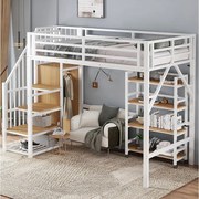 Łóżko z misą 90x200 cm - Łóżko młodzieżowe z szafą i półkami - białe i naturalne - bez materaca