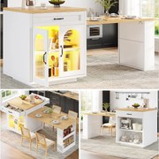 Rozkładana wyspa kuchenna - 126-196 x 59 x 94 cm - z diodami LED + 2 szuflady + półki + drzwi szklane - MDF - biała