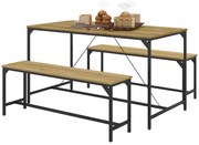 HOMCOM Zestaw jadalniany, Stół & 2 Ławki, Design Industrialny, Rama Stalowa, Dekor Drewniany/Czarny