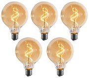 Set van 5 E27 dimbare LED lamp spiraal filament G95 goud 4W 270 lm 2100K
