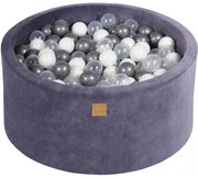 Okrągły Suchy Basen Dla Dziecka 90x40cm/200 Piłek 7cm, Welurowy, Szaroniebieski, Piłki: Biała Perła, Transparentne, Srebrne - Meowbaby®
