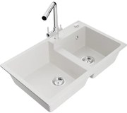 Mexen Tomas zlewozmywak granitowy 2-komorowy z baterią kuchenną Duero, biały - 6516-20-671600-00