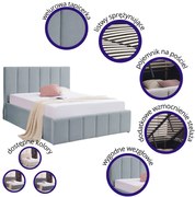 Łóżko Tapicerowane stelaż, pojemnik na pościel 140x200 szary stalowy PRATO