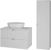 Biały Zestaw Łazienkowy 80cm Szafka z Blatem Umywalka Słupek Ryflowane Fronty Arcos