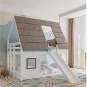 Łóżko piętrowe dla dzieci - 2 x 140 x 200 cm - z dachem + drabinka + zjeżdżalnia - MDF + sosna - białe i brązowe