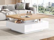 Stolik kawowy obrotowy 360° kwadratowy - 70x70x36 cm - z 1 szufladą - biały i naturalny