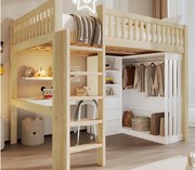 Łóżko na antresoli 140x200cm - z biurkiem + szafą - z 3 szufladami - z drabiną - naturalny​ (materac nie jest wliczony w cenę)
