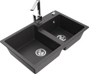 Mexen Tomas zlewozmywak granitowy 2-komorowy z baterią kuchenną Rita, czarny nakrapiany - 6516-76-670300-00