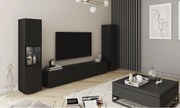 Meblościanka do salonu z oświetleniem LED, zestaw wisząco-stojący z szafką RTV 180 cm, witryną i słupkiem, korpus czarny mat