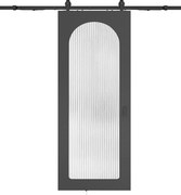 Przesuwne drzwi z systemem naściennym z drewna i MDF - czarny łuk i szkło hartowane ryflowane - W205 x S93 cm - ODEZA