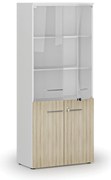 Szafa biurowa kombinowana PRIMO WHITE z drzwiami drewnianymi i szklanymi, 800 x 420 x 1781 mm, biały/dąb naturalny
