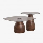 Zestaw 2 Kwadratowych Stolików Kawowych Z Drewna Mango I Hartowanego Szkła Mariana Ciemny Drewniany Uchwyt - Sklum