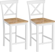 HOMCOM Zestaw 2 stołków barowych z oparciem i podnóżkiem, drewno kauczukowe, do kuchni, jadalni, baru, Dąb+Biały
