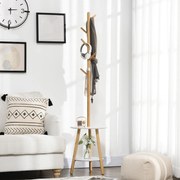 HOMCOM Wieszak na ubrania z 5 hakami i stolikiem pomocniczym Drewno naturalne Stylowy i funkcjonalny | Aosom PL