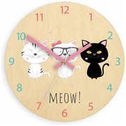 Zegar na ścianę cichy do pokoju dziecięcego drewniany nowoczesny kotki meow