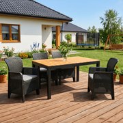 Zestaw Mebli Ogrodowych Stół ARGOS 140-180 cm Dąb/Czarny i 4x Fotel FRESNO Czarny Technorattan Nowoczesny