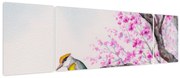 Obraz - ptak na drzewie z różowymi kwiatami (170x50 cm)