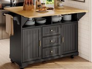 Mobilna wyspa kuchenna - ​​Blat rozsuwany​​ - 2 fronty i 3 szuflady - Otwarte półki - ​​Z wieszakiem na ręczniki​​ - MDF - Czarny